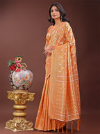 Shree Shyam Fashion Elegant Peach Linen Saree with Silver Zari Butta & Pallu - Daily Wear | Festive Look | Soft Feel | Grocsy