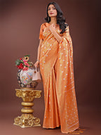 Shree Shyam Fashion Elegant Peach Linen Saree with Silver Zari Butta & Pallu - Daily Wear | Festive Look | Soft Feel | Grocsy