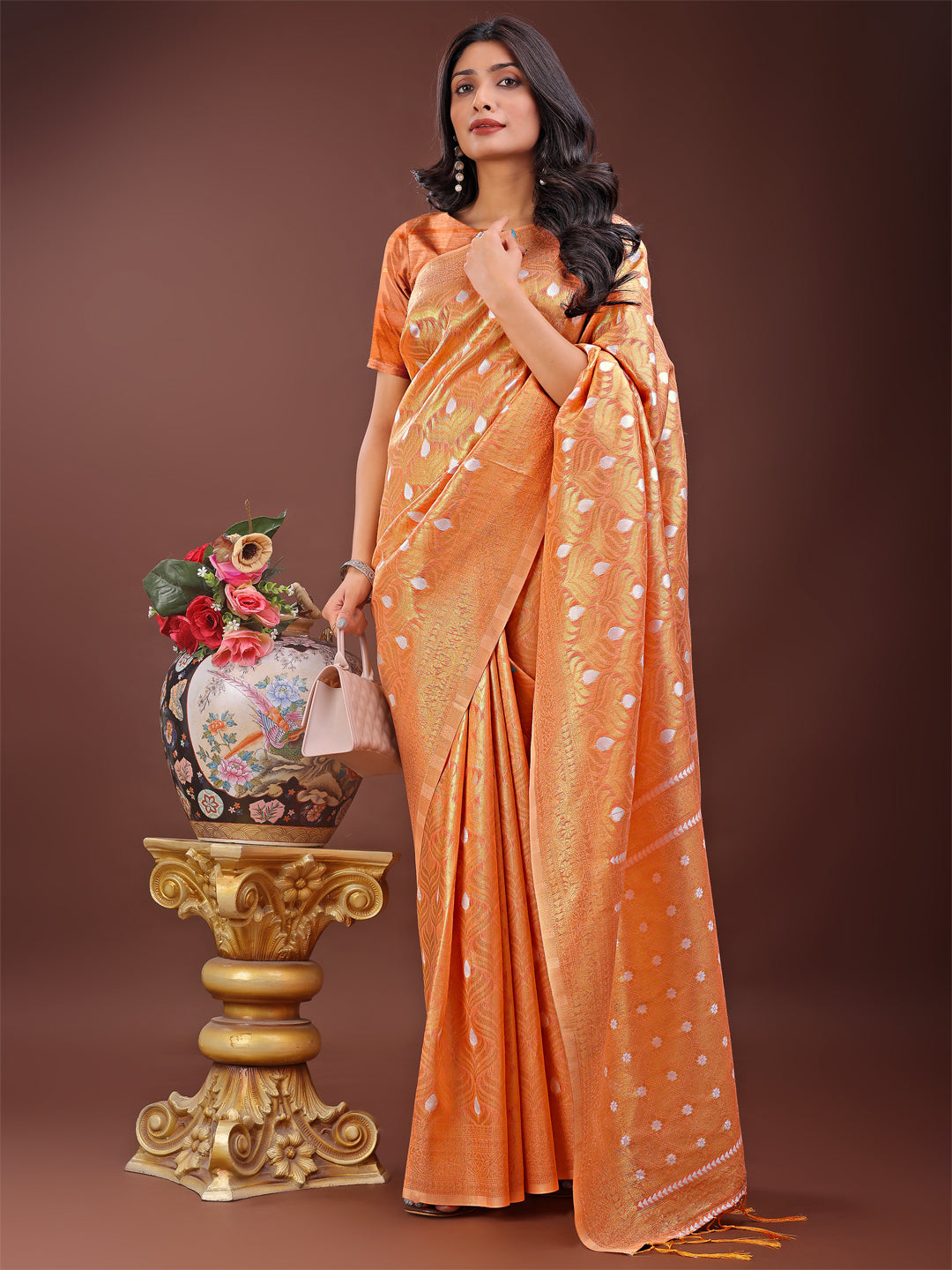 Shree Shyam Fashion Elegant Peach Linen Saree with Silver Zari Butta & Pallu - Daily Wear | Festive Look | Soft Feel | Grocsy