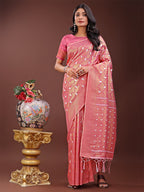Shree Shyam Fashion Elegant Pink Linen Saree with Silver Zari Butta & Pallu - Daily Wear | Festive Look | Soft Feel | Grocsy