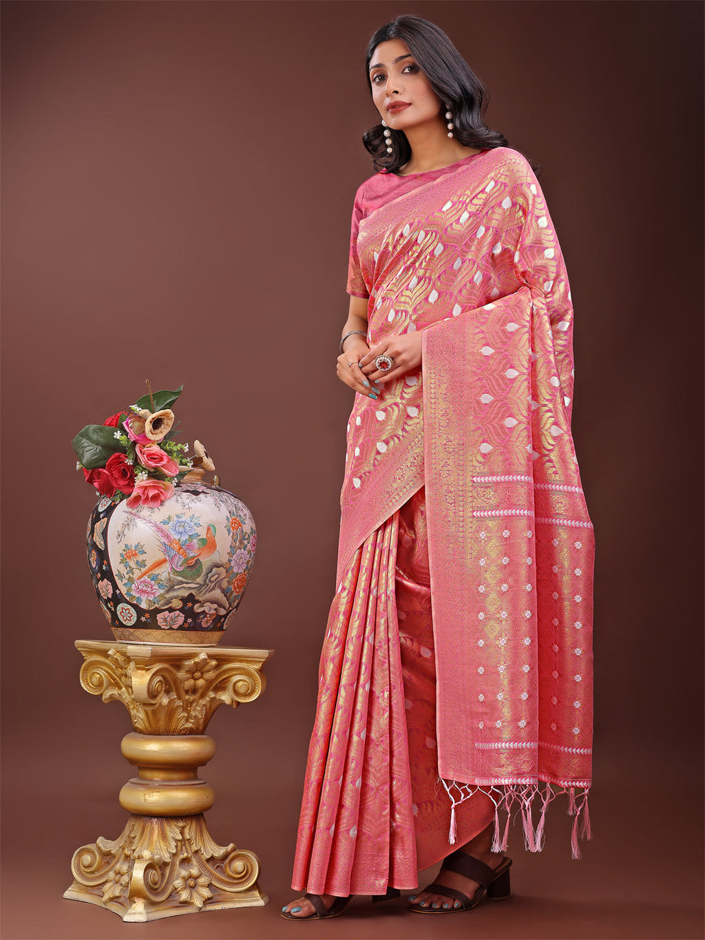 Shree Shyam Fashion Elegant Pink Linen Saree with Silver Zari Butta & Pallu - Daily Wear | Festive Look | Soft Feel | Grocsy