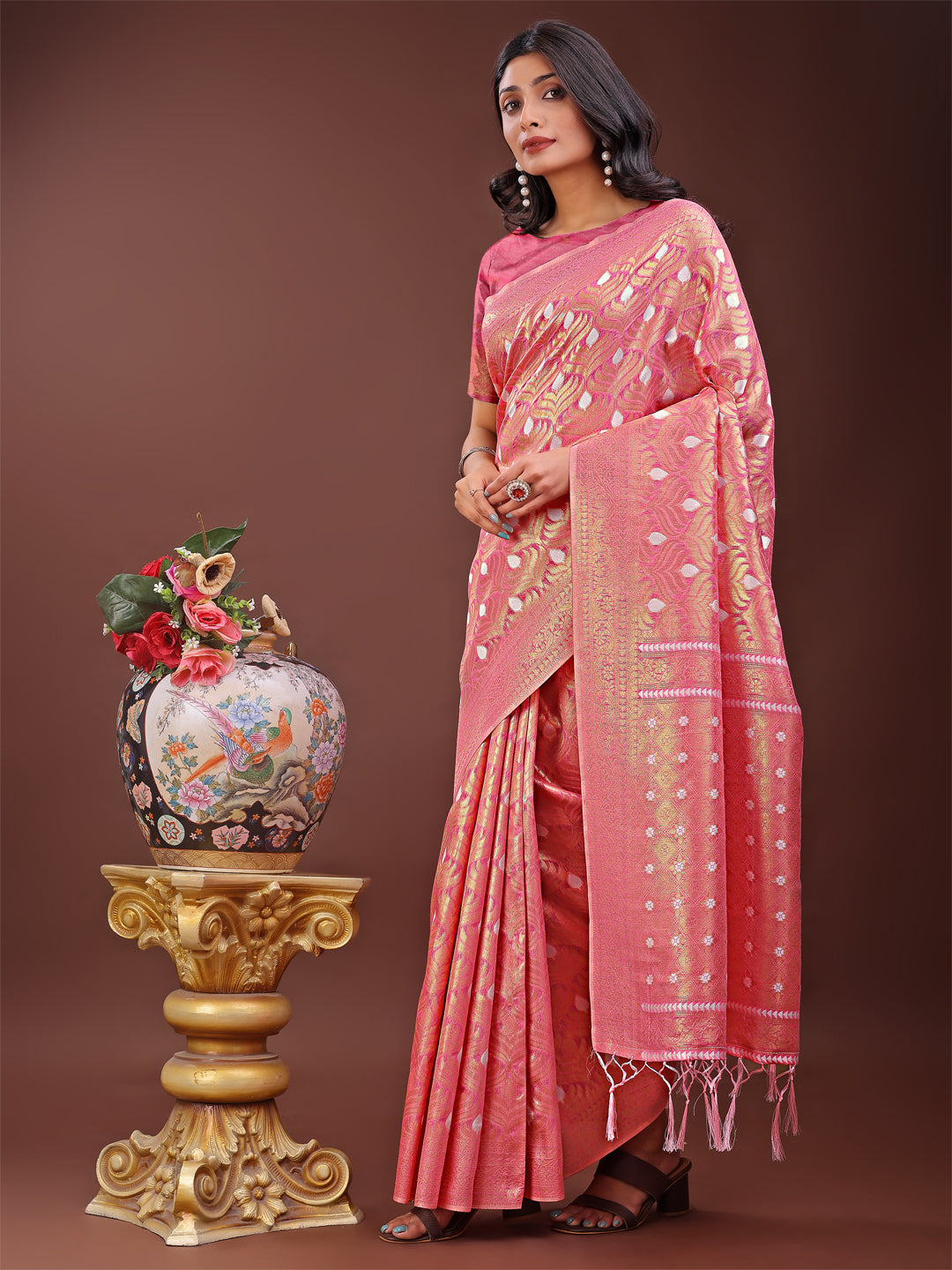 Shree Shyam Fashion Elegant Pink Linen Saree with Silver Zari Butta & Pallu - Daily Wear | Festive Look | Soft Feel | Grocsy