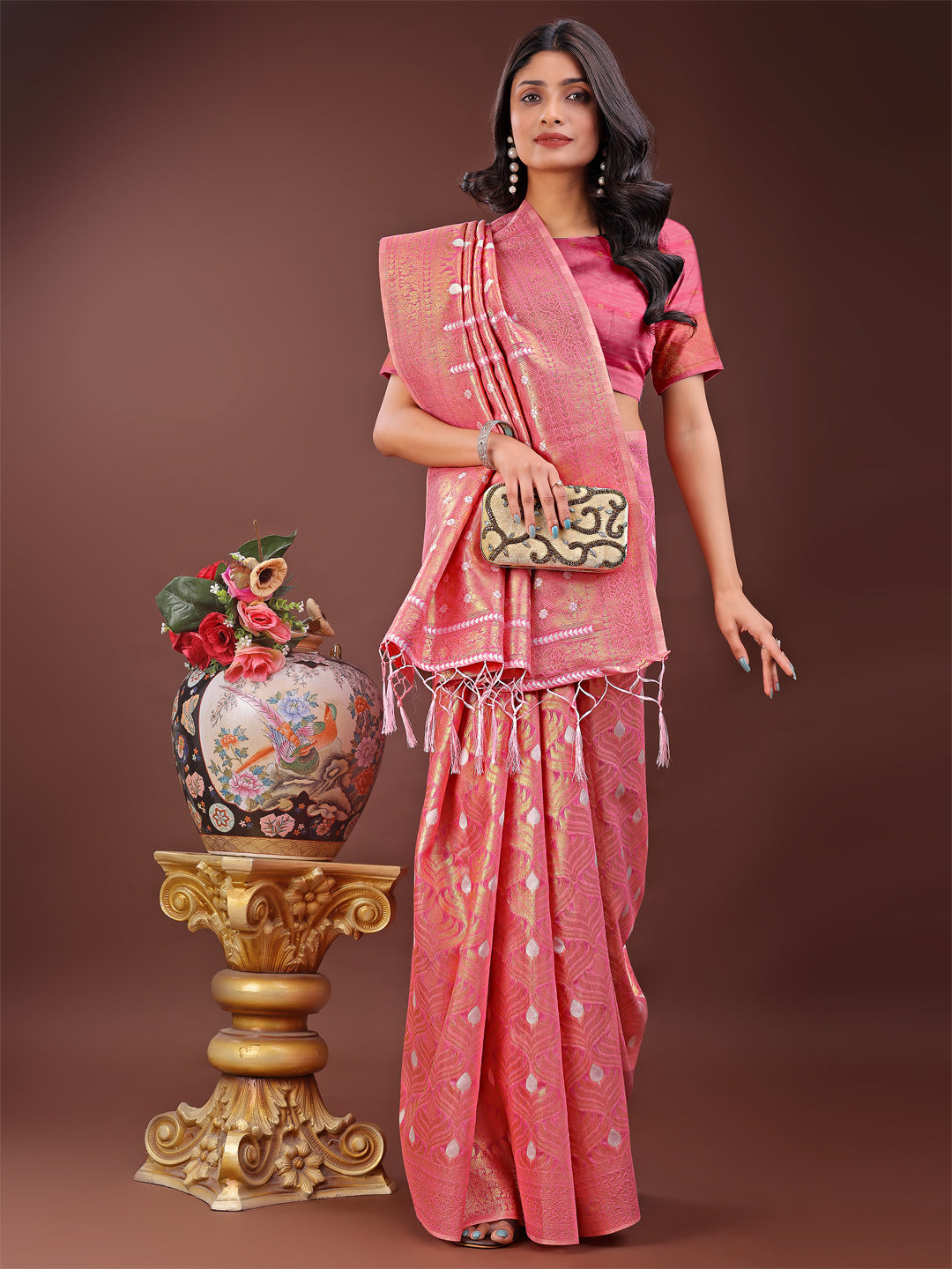 Shree Shyam Fashion Elegant Pink Linen Saree with Silver Zari Butta & Pallu - Daily Wear | Festive Look | Soft Feel | Grocsy