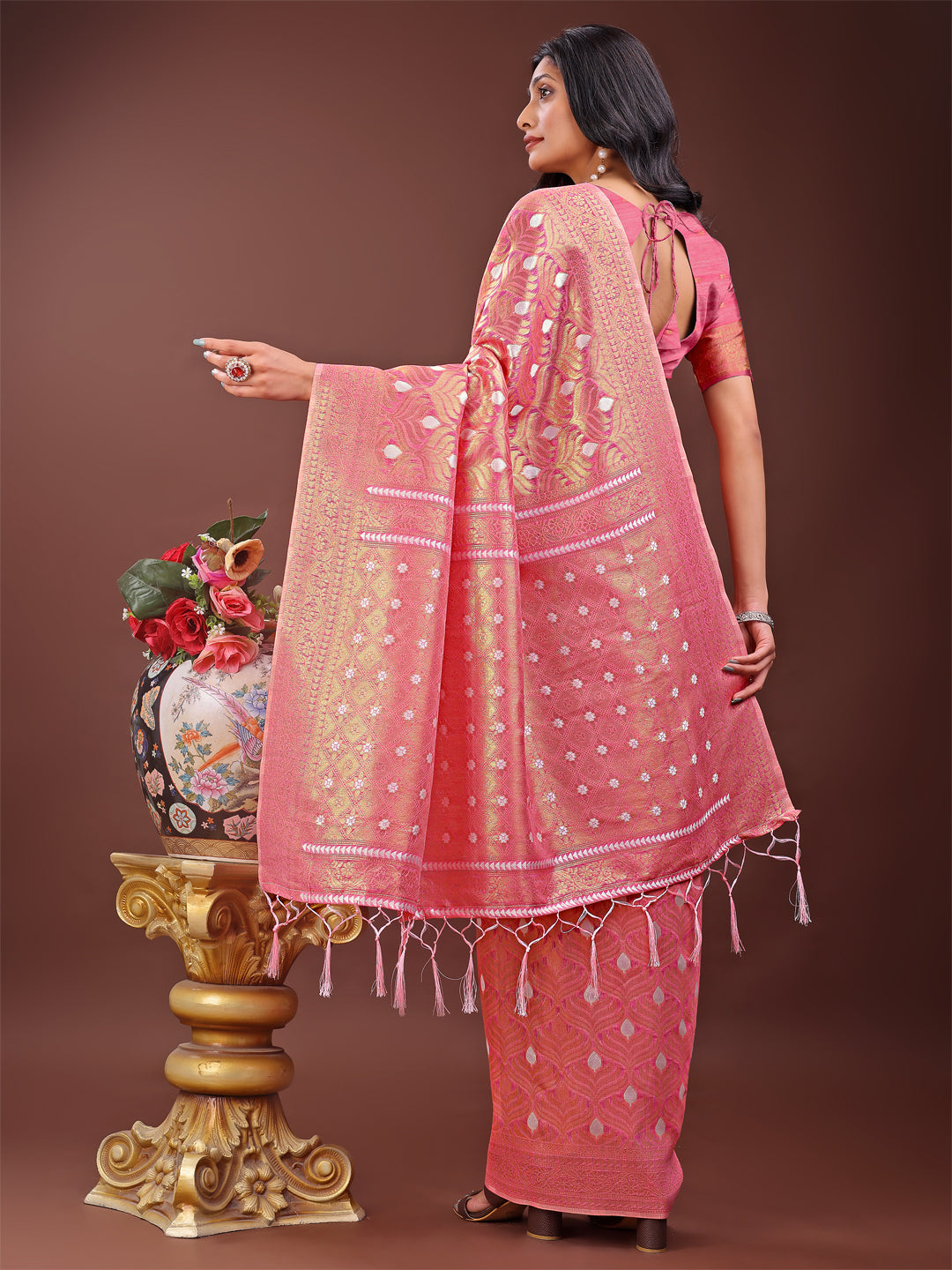Shree Shyam Fashion Elegant Pink Linen Saree with Silver Zari Butta & Pallu - Daily Wear | Festive Look | Soft Feel | Grocsy