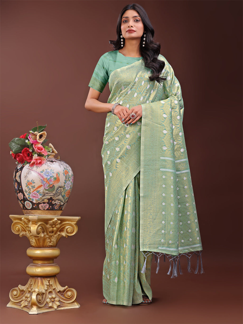 Shree Shyam Fashion Elegant Teal Linen Saree with Silver Zari Butta & Pallu - Daily Wear | Festive Look | Soft Feel | Grocsy