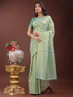 Shree Shyam Fashion Elegant Teal Linen Saree with Silver Zari Butta & Pallu - Daily Wear | Festive Look | Soft Feel | Grocsy