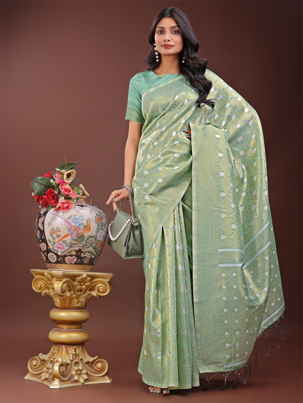 Shree Shyam Fashion Elegant Teal Linen Saree with Silver Zari Butta & Pallu - Daily Wear | Festive Look | Soft Feel | Grocsy