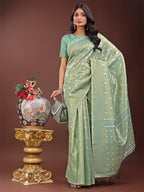 Shree Shyam Fashion Elegant Teal Linen Saree with Silver Zari Butta & Pallu - Daily Wear | Festive Look | Soft Feel | Grocsy