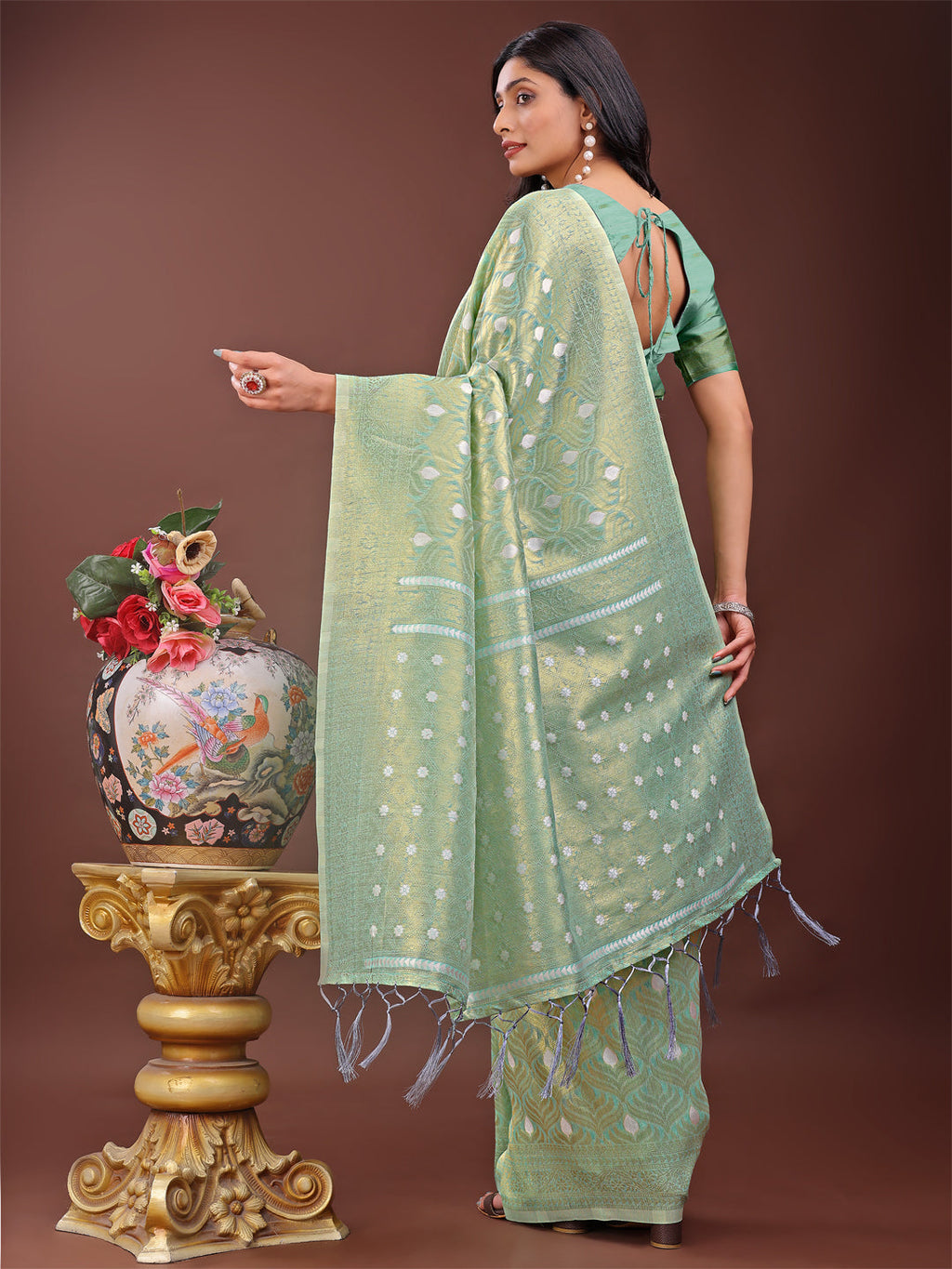 Shree Shyam Fashion Elegant Teal Linen Saree with Silver Zari Butta & Pallu - Daily Wear | Festive Look | Soft Feel | Grocsy