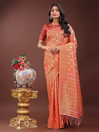 Shree Shyam Fashion Elegant Orange Linen Saree with Silver Zari Butta & Pallu - Daily Wear | Festive Look | Soft Feel | Grocsy
