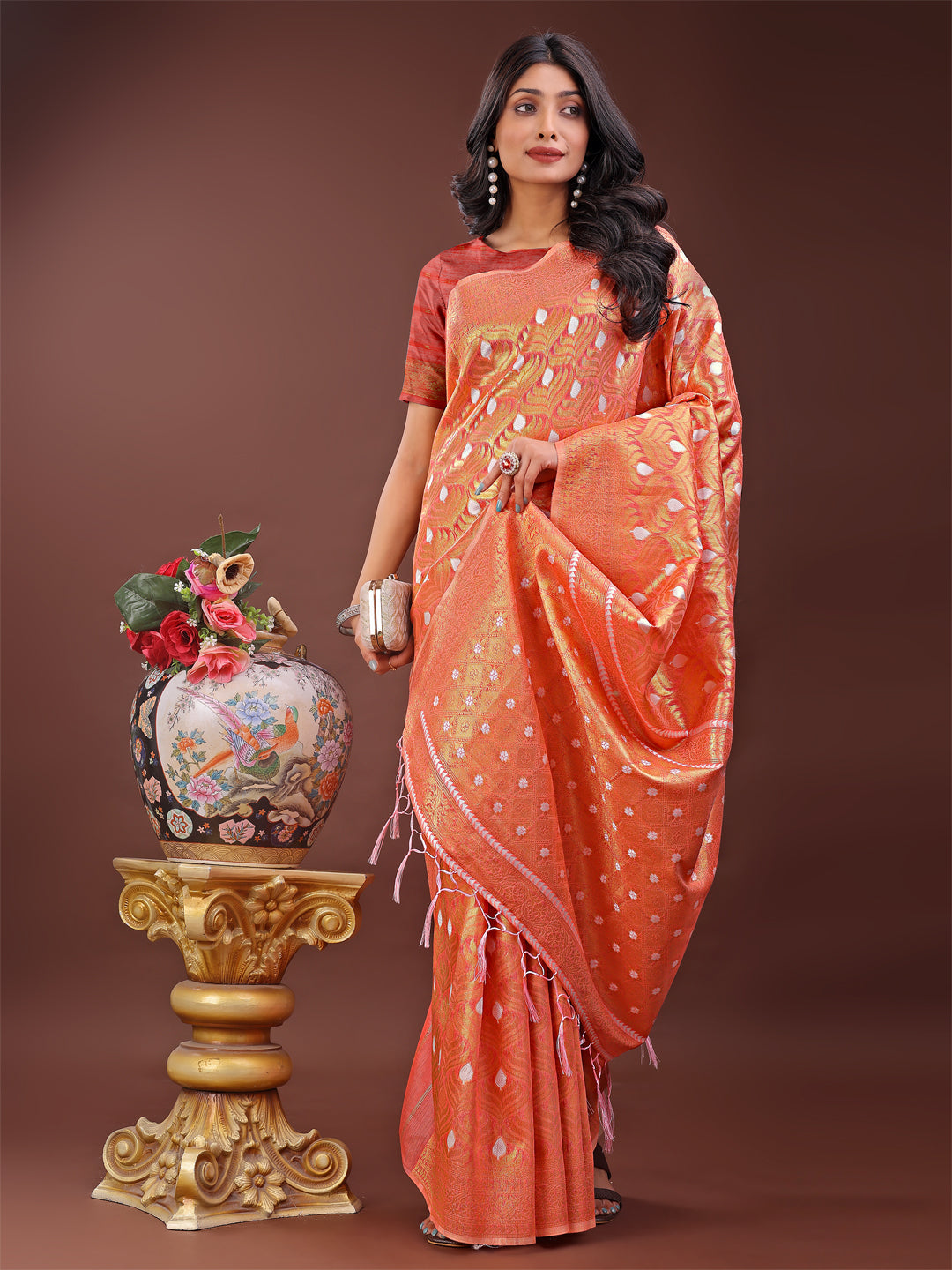 Shree Shyam Fashion Elegant Orange Linen Saree with Silver Zari Butta & Pallu - Daily Wear | Festive Look | Soft Feel | Grocsy