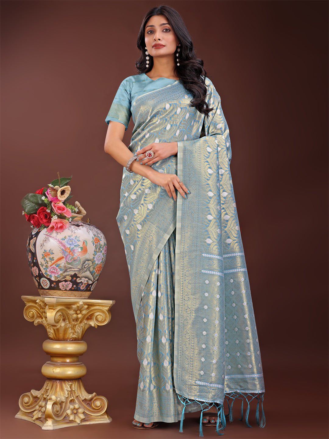 Shree Shyam Fashion Elegant Sky Blue Linen Saree with Silver Zari Butta & Pallu - Daily Wear | Festive Look | Soft Feel | Grocsy