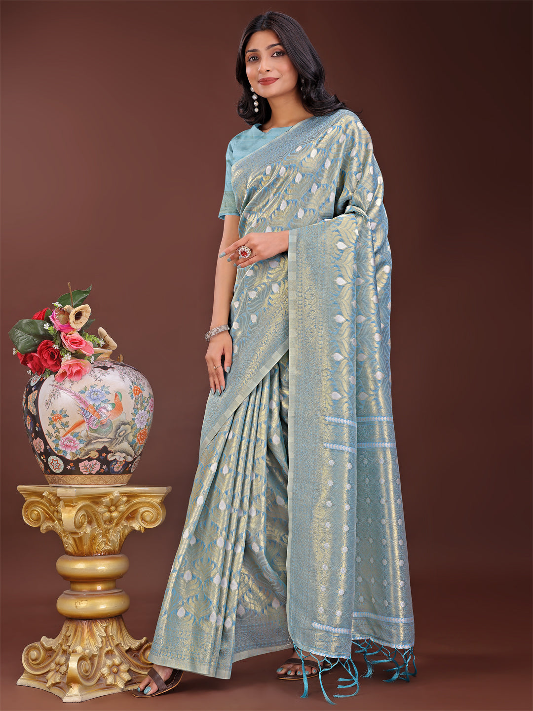 Shree Shyam Fashion Elegant Sky Blue Linen Saree with Silver Zari Butta & Pallu - Daily Wear | Festive Look | Soft Feel | Grocsy