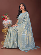 Shree Shyam Fashion Elegant Sky Blue Linen Saree with Silver Zari Butta & Pallu - Daily Wear | Festive Look | Soft Feel | Grocsy