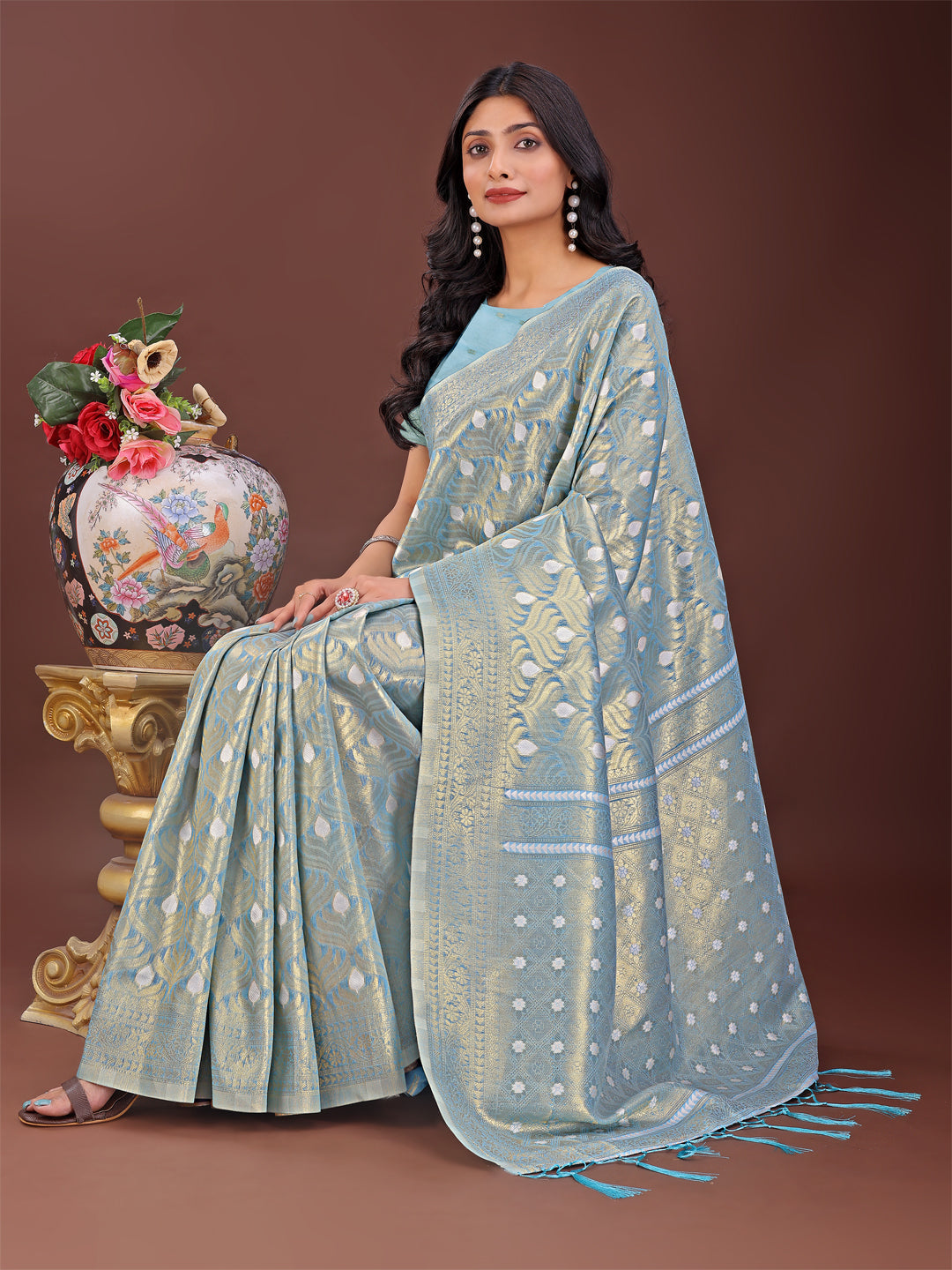 Shree Shyam Fashion Elegant Sky Blue Linen Saree with Silver Zari Butta & Pallu - Daily Wear | Festive Look | Soft Feel | Grocsy