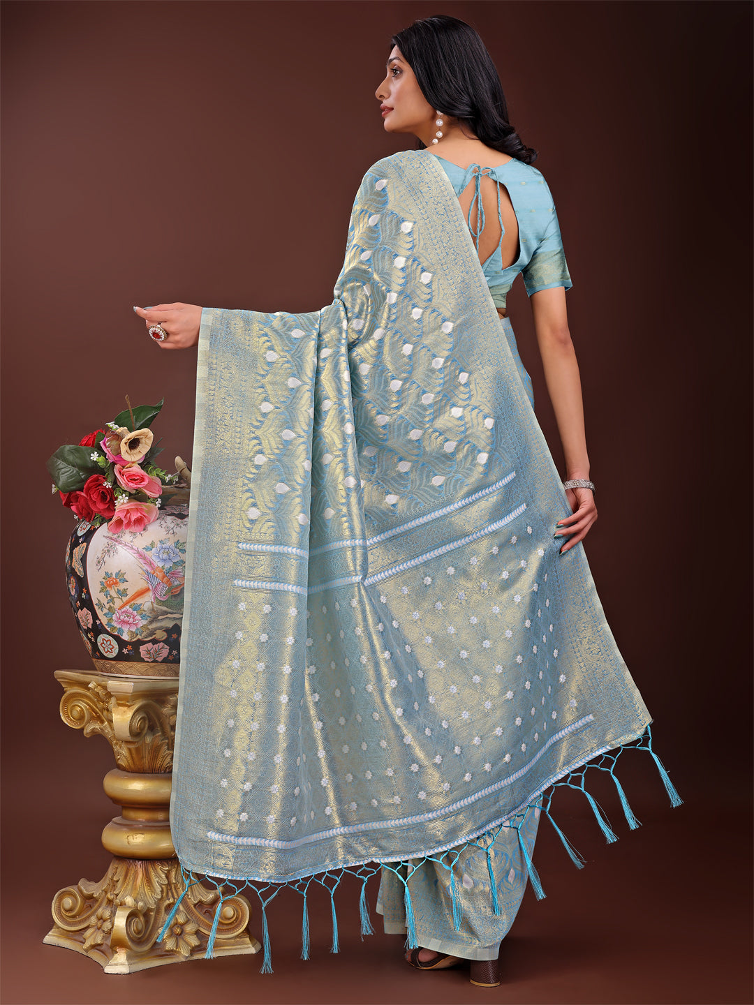 Shree Shyam Fashion Elegant Sky Blue Linen Saree with Silver Zari Butta & Pallu - Daily Wear | Festive Look | Soft Feel | Grocsy