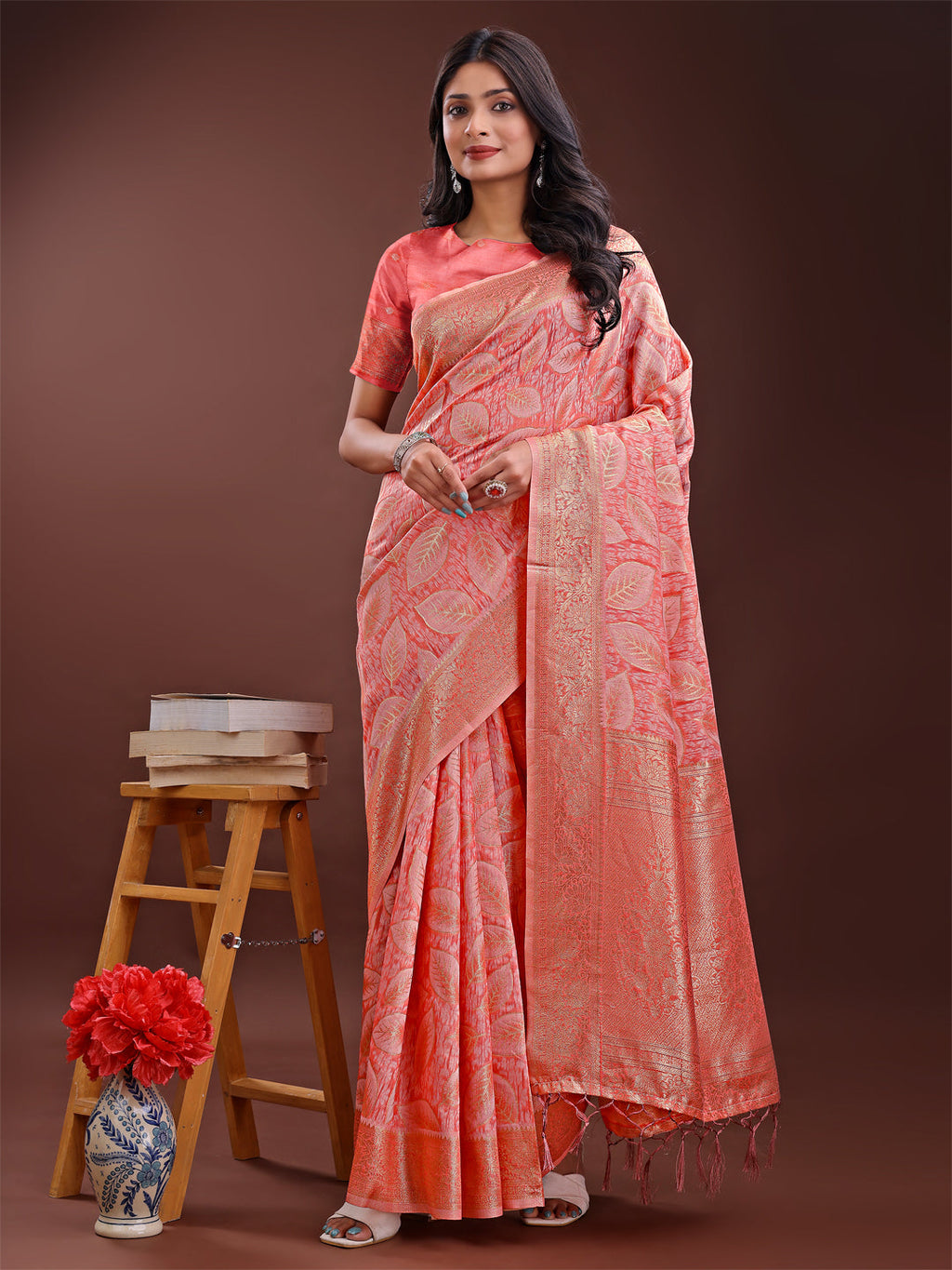 Shree Shyam Fashion Peach Pink Linen Cotton Saree with Golden Zari Leaf Design & Elegant Pallu - Festive | Office | Daily Wear | Grocsy
