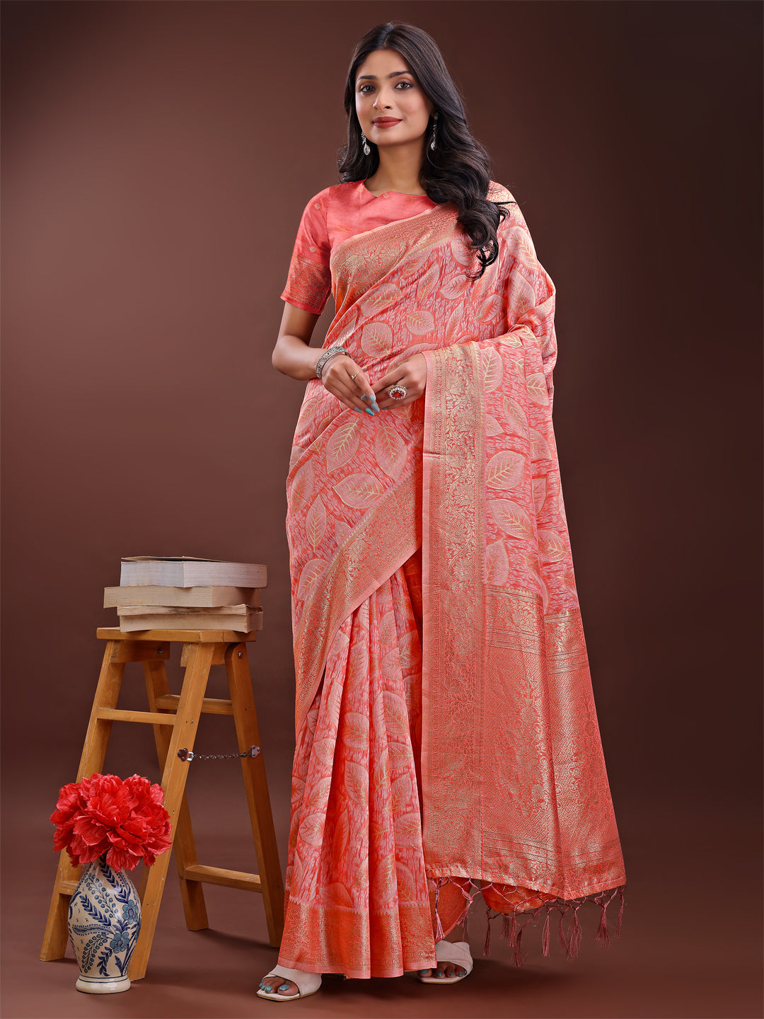 Shree Shyam Fashion Peach Pink Linen Cotton Saree with Golden Zari Leaf Design & Elegant Pallu - Festive | Office | Daily Wear | Grocsy
