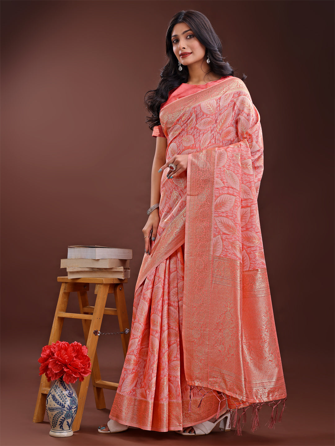 Shree Shyam Fashion Peach Pink Linen Cotton Saree with Golden Zari Leaf Design & Elegant Pallu - Festive | Office | Daily Wear | Grocsy