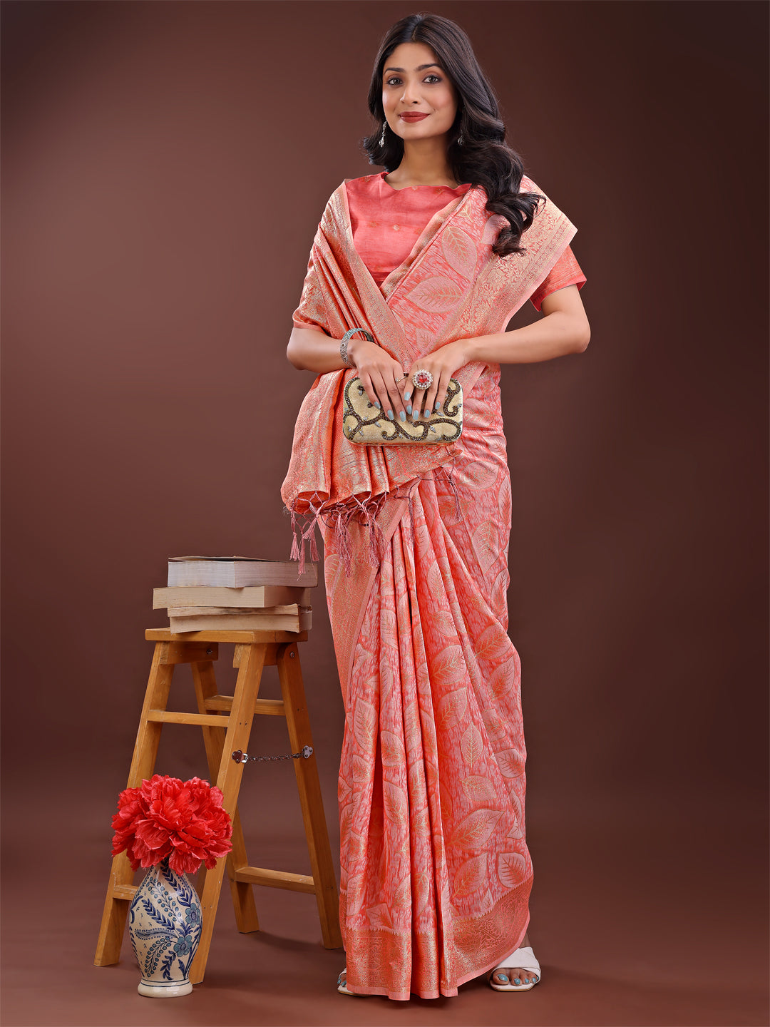 Shree Shyam Fashion Peach Pink Linen Cotton Saree with Golden Zari Leaf Design & Elegant Pallu - Festive | Office | Daily Wear | Grocsy