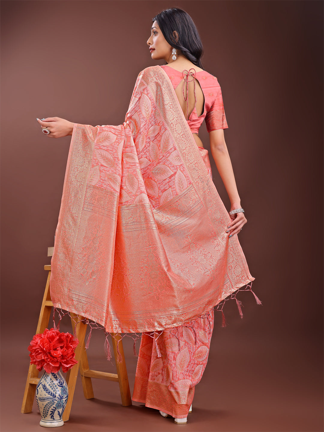 Shree Shyam Fashion Peach Pink Linen Cotton Saree with Golden Zari Leaf Design & Elegant Pallu - Festive | Office | Daily Wear | Grocsy