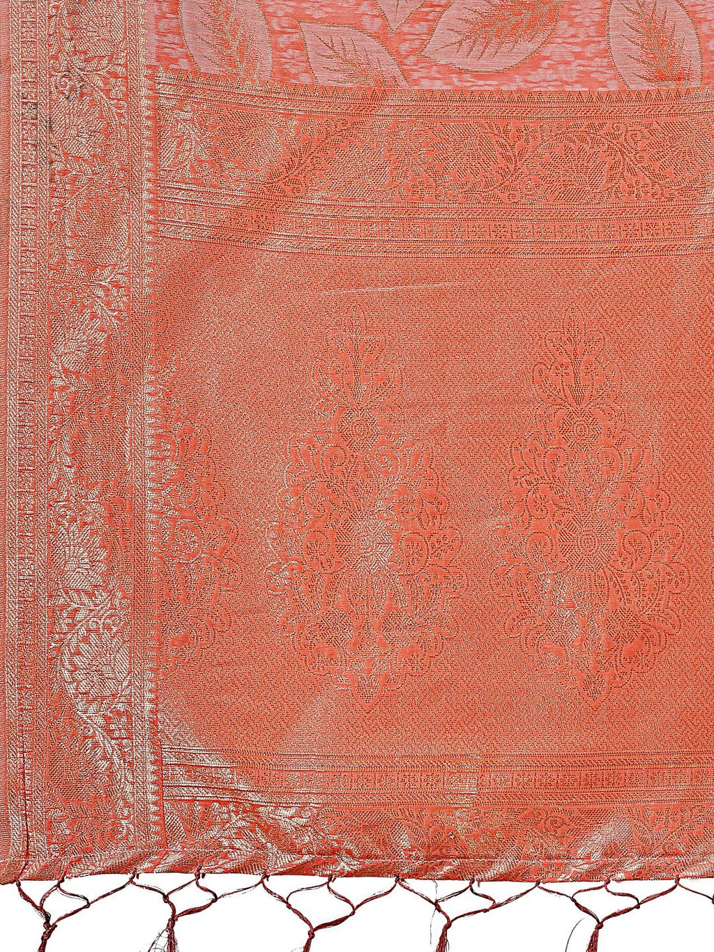 Shree Shyam Fashion Peach Pink Linen Cotton Saree with Golden Zari Leaf Design & Elegant Pallu - Festive | Office | Daily Wear | Grocsy