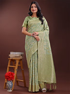 Shree Shyam Fashion Light Green Linen Cotton Saree with Golden Zari Leaf Design & Elegant Pallu - Festive | Office | Daily Wear | Grocsy