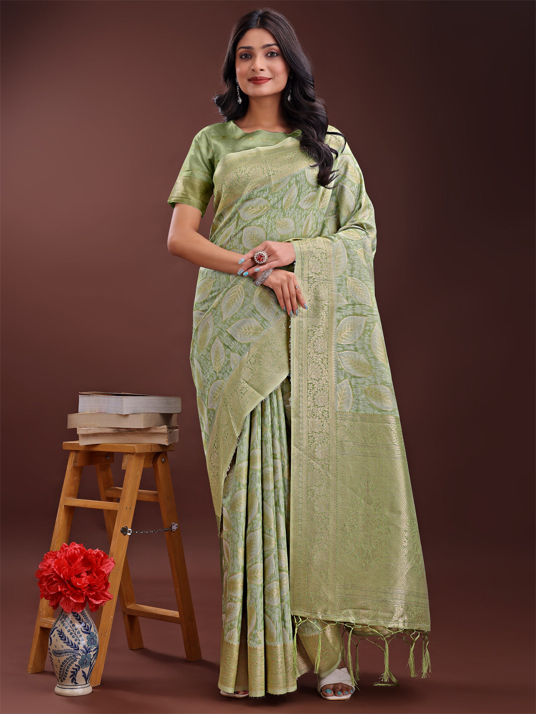 Shree Shyam Fashion Light Green Linen Cotton Saree with Golden Zari Leaf Design & Elegant Pallu - Festive | Office | Daily Wear | Grocsy