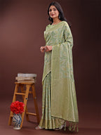 Shree Shyam Fashion Light Green Linen Cotton Saree with Golden Zari Leaf Design & Elegant Pallu - Festive | Office | Daily Wear | Grocsy