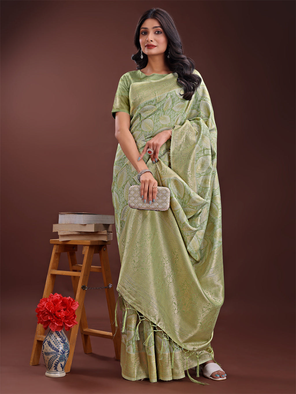 Shree Shyam Fashion Light Green Linen Cotton Saree with Golden Zari Leaf Design & Elegant Pallu - Festive | Office | Daily Wear | Grocsy