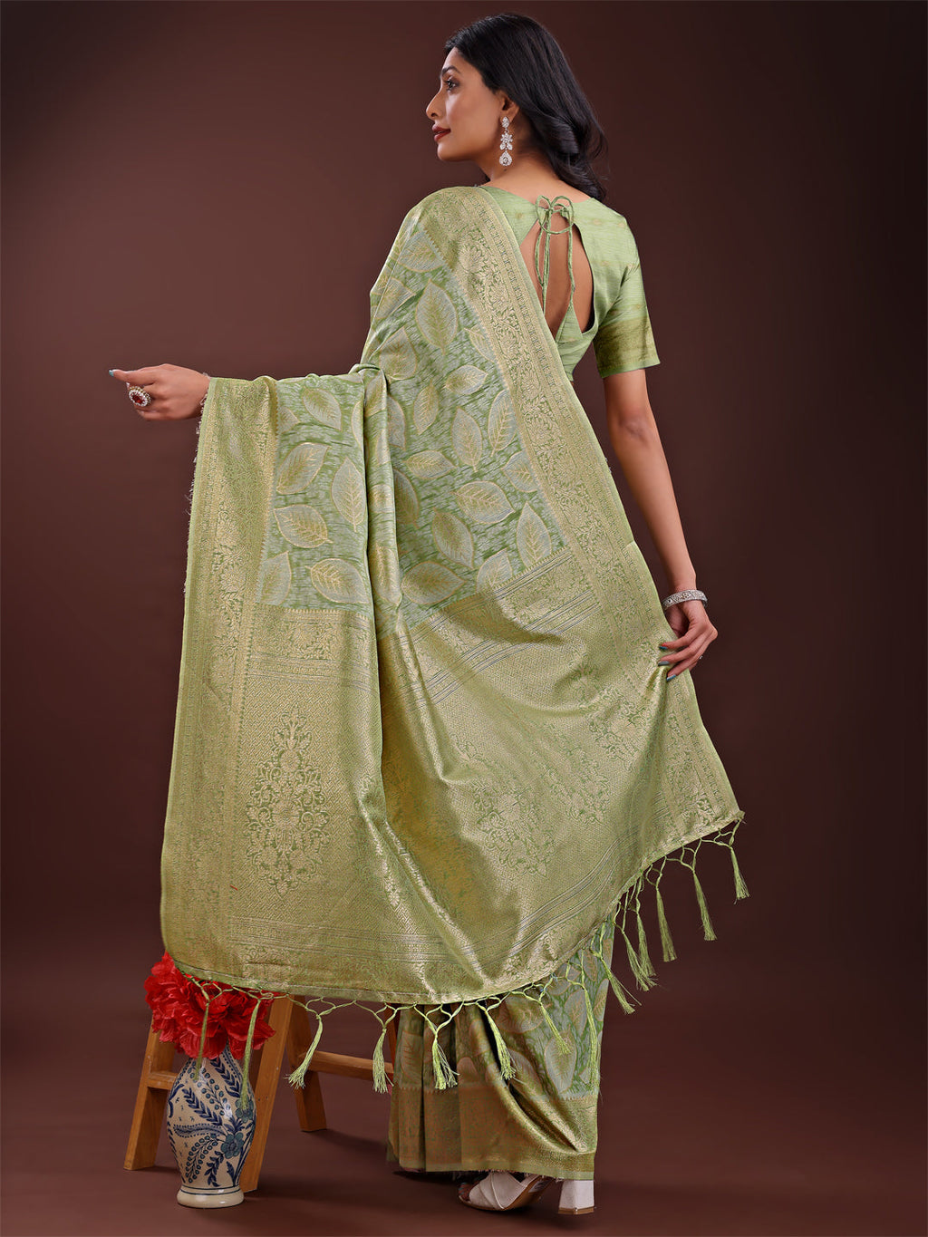 Shree Shyam Fashion Light Green Linen Cotton Saree with Golden Zari Leaf Design & Elegant Pallu - Festive | Office | Daily Wear | Grocsy