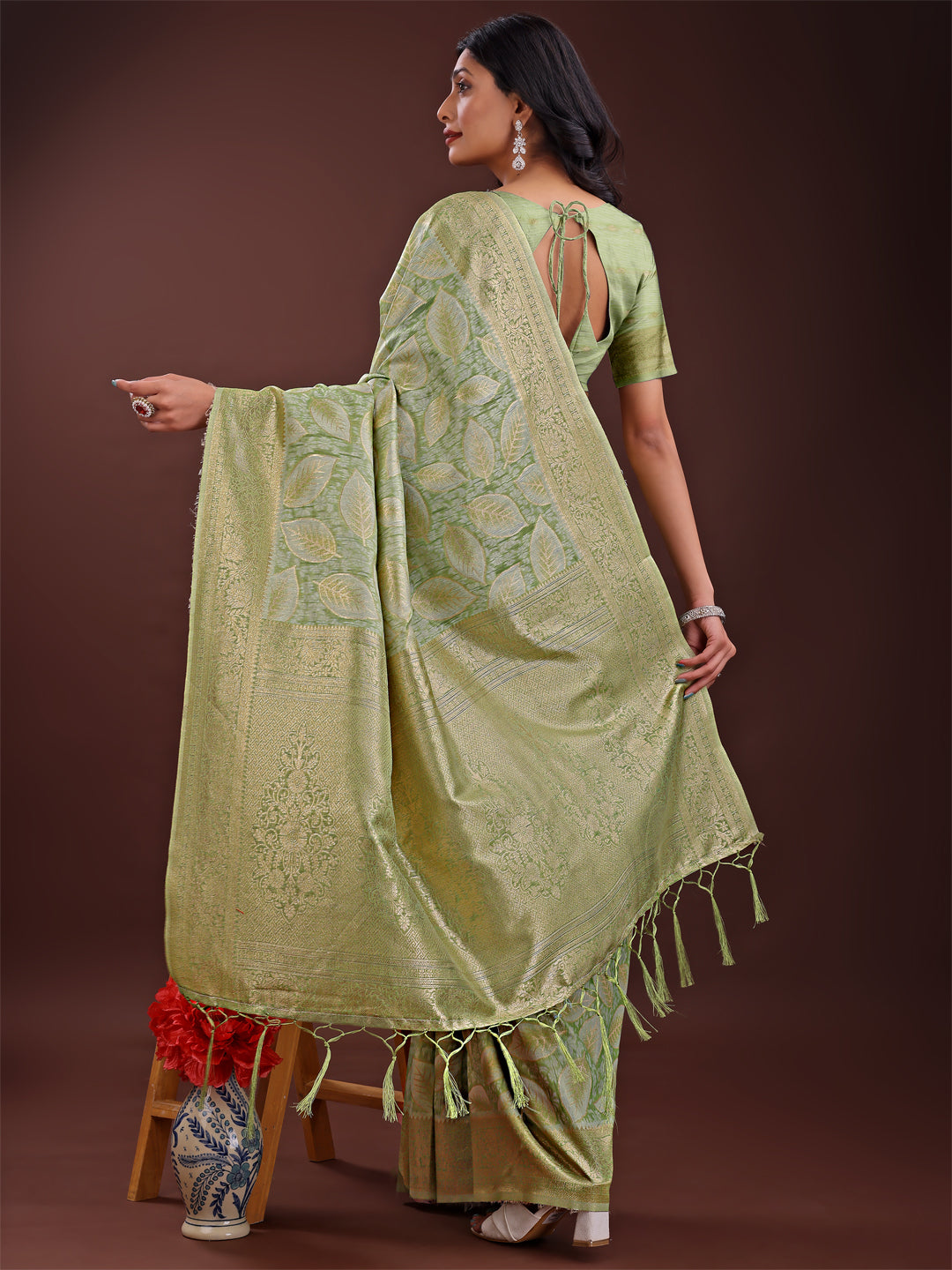 Shree Shyam Fashion Light Green Linen Cotton Saree with Golden Zari Leaf Design & Elegant Pallu - Festive | Office | Daily Wear | Grocsy