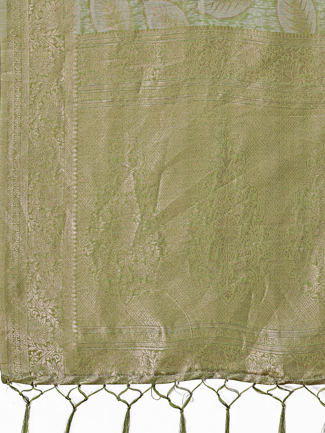 Shree Shyam Fashion Light Green Linen Cotton Saree with Golden Zari Leaf Design & Elegant Pallu - Festive | Office | Daily Wear | Grocsy