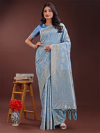 Shree Shyam Fashion Sky Blue Linen Cotton Saree with Golden Zari Leaf Design & Elegant Pallu - Festive | Office | Daily Wear | Grocsy