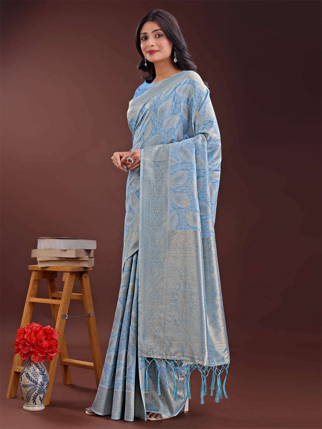 Shree Shyam Fashion Sky Blue Linen Cotton Saree with Golden Zari Leaf Design & Elegant Pallu - Festive | Office | Daily Wear | Grocsy