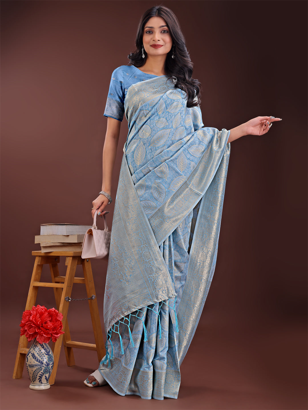 Shree Shyam Fashion Sky Blue Linen Cotton Saree with Golden Zari Leaf Design & Elegant Pallu - Festive | Office | Daily Wear | Grocsy