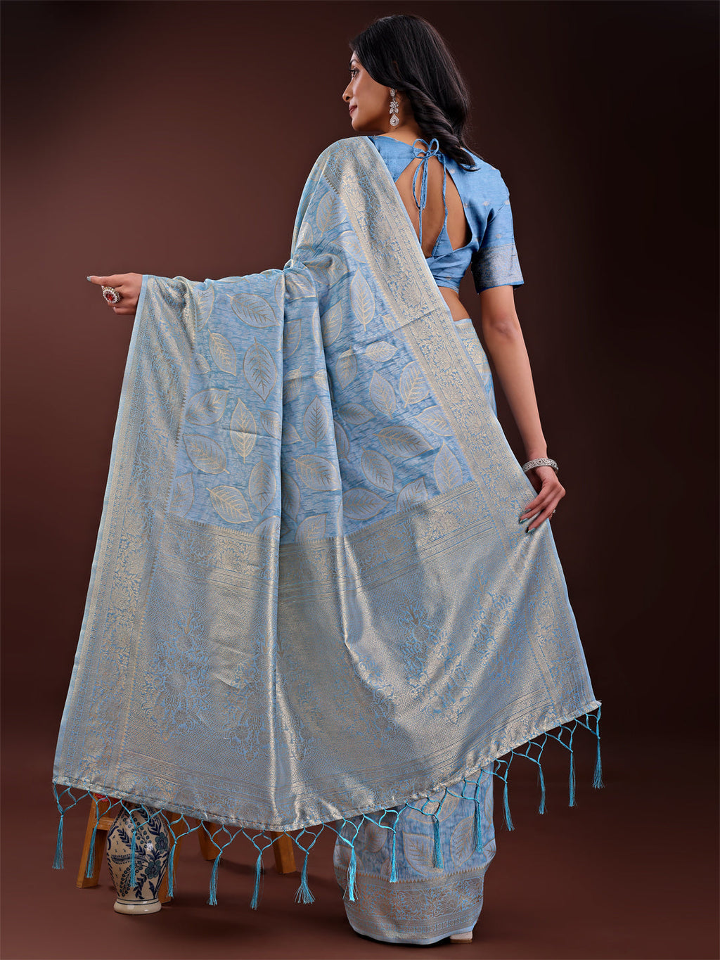 Shree Shyam Fashion Sky Blue Linen Cotton Saree with Golden Zari Leaf Design & Elegant Pallu - Festive | Office | Daily Wear | Grocsy