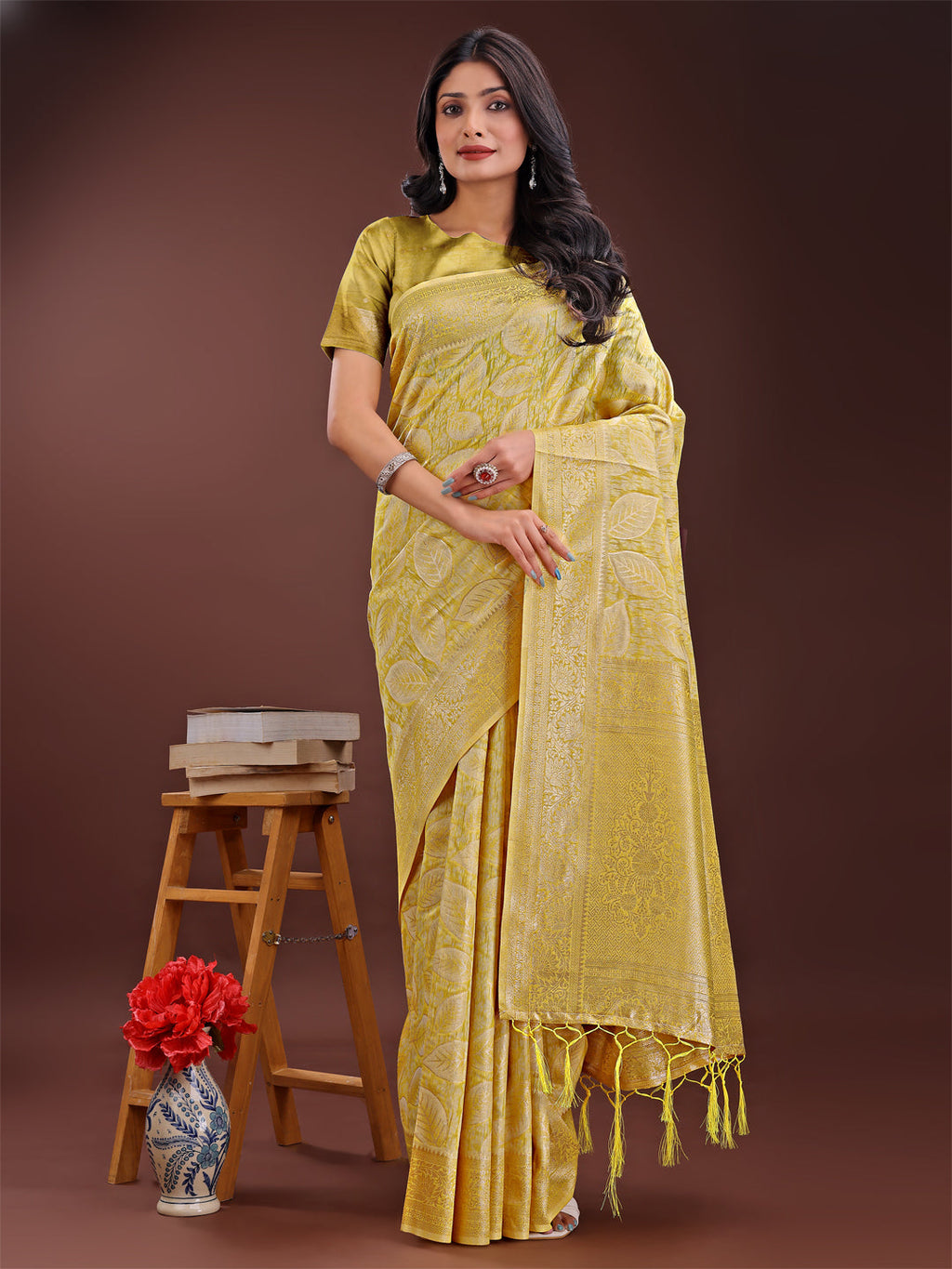 Shree Shyam Fashion Yellow Linen Cotton Saree with Golden Zari Leaf Design & Elegant Pallu - Festive | Office | Daily Wear | Grocsy
