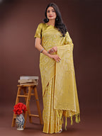 Shree Shyam Fashion Yellow Linen Cotton Saree with Golden Zari Leaf Design & Elegant Pallu - Festive | Office | Daily Wear | Grocsy