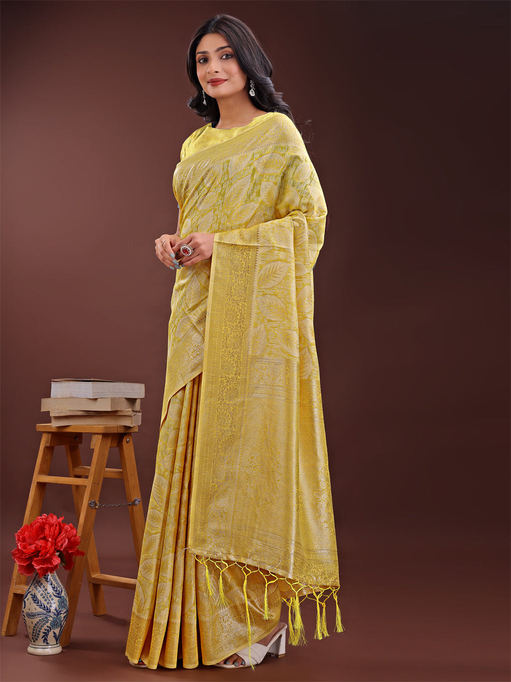 Shree Shyam Fashion Yellow Linen Cotton Saree with Golden Zari Leaf Design & Elegant Pallu - Festive | Office | Daily Wear | Grocsy