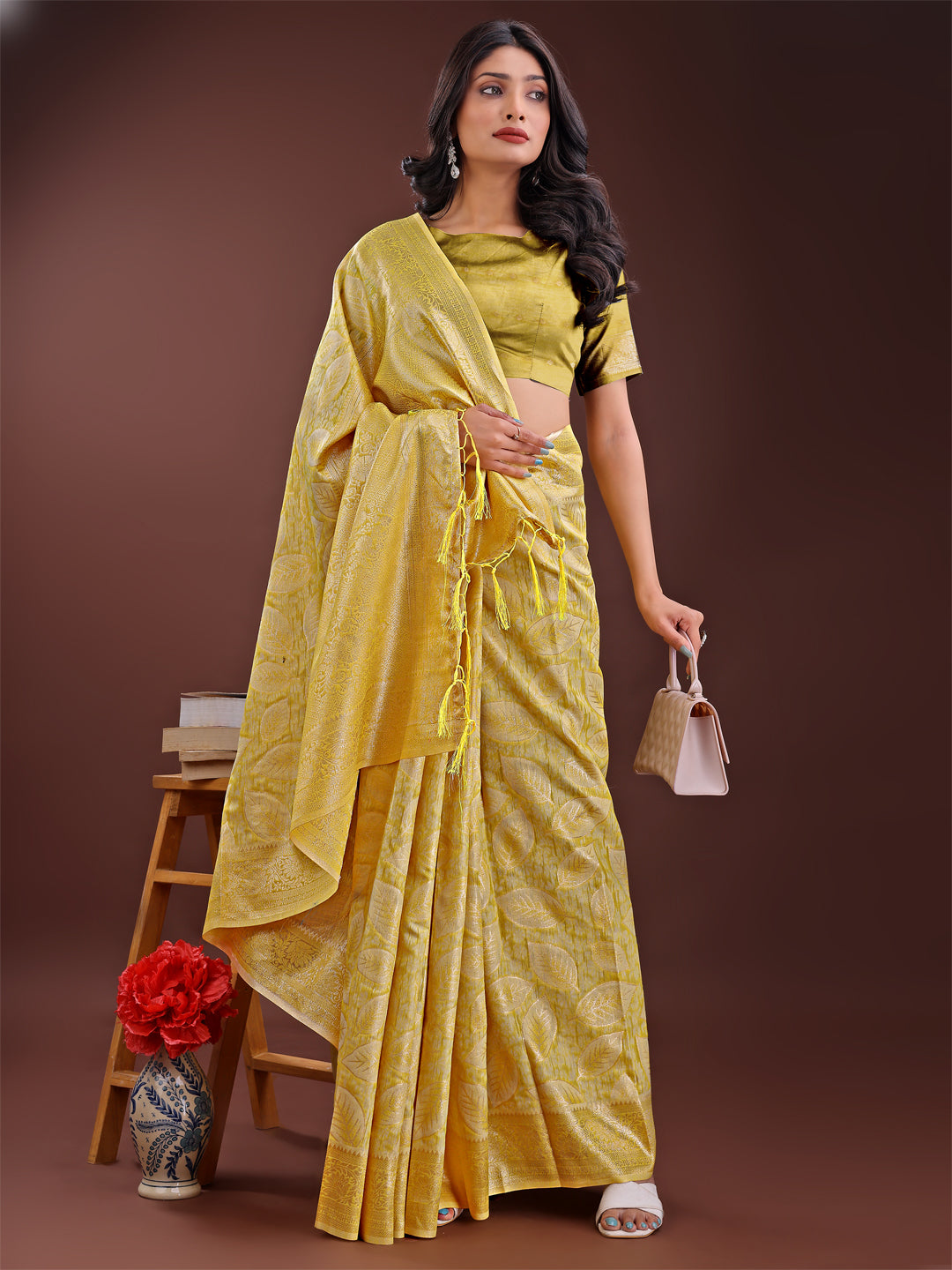 Shree Shyam Fashion Yellow Linen Cotton Saree with Golden Zari Leaf Design & Elegant Pallu - Festive | Office | Daily Wear | Grocsy