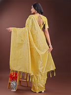 Shree Shyam Fashion Yellow Linen Cotton Saree with Golden Zari Leaf Design & Elegant Pallu - Festive | Office | Daily Wear | Grocsy