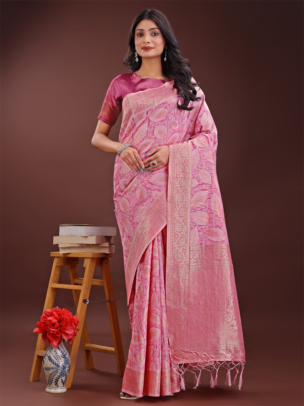 Shree Shyam Fashion Pink Linen Cotton Saree with Golden Zari Leaf Design & Elegant Pallu - Festive | Office | Daily Wear | Grocsy