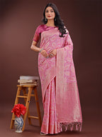 Shree Shyam Fashion Pink Linen Cotton Saree with Golden Zari Leaf Design & Elegant Pallu - Festive | Office | Daily Wear | Grocsy