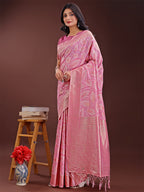 Shree Shyam Fashion Pink Linen Cotton Saree with Golden Zari Leaf Design & Elegant Pallu - Festive | Office | Daily Wear | Grocsy