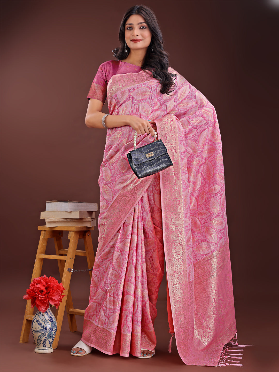 Shree Shyam Fashion Pink Linen Cotton Saree with Golden Zari Leaf Design & Elegant Pallu - Festive | Office | Daily Wear | Grocsy