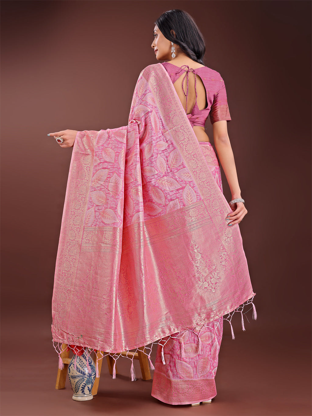 Shree Shyam Fashion Pink Linen Cotton Saree with Golden Zari Leaf Design & Elegant Pallu - Festive | Office | Daily Wear | Grocsy