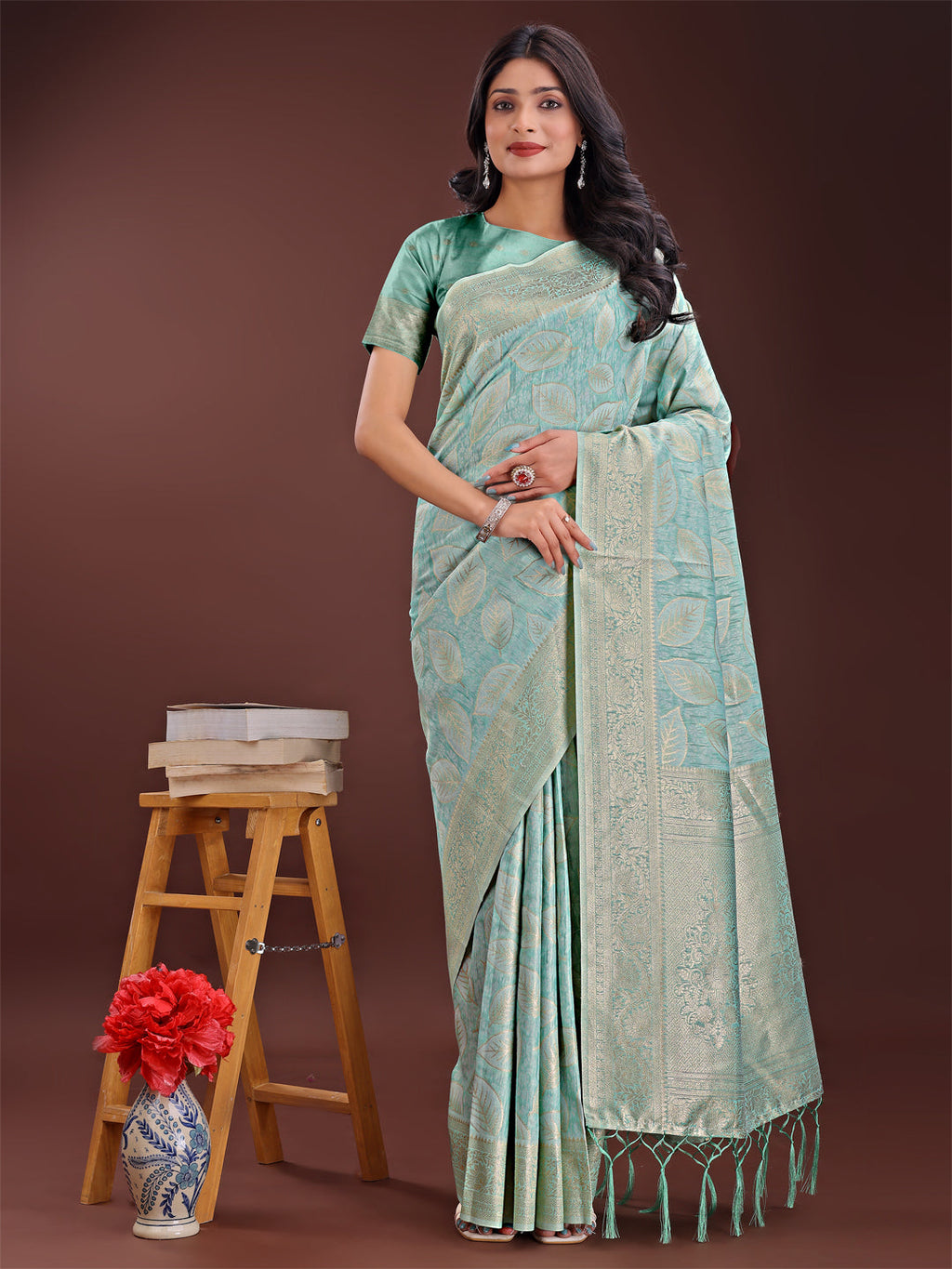 Shree Shyam Fashion Sea Green Linen Cotton Saree with Golden Zari Leaf Design & Elegant Pallu - Festive | Office | Daily Wear | Grocsy