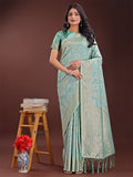 Shree Shyam Fashion Sea Green Linen Cotton Saree with Golden Zari Leaf Design & Elegant Pallu - Festive | Office | Daily Wear | Grocsy