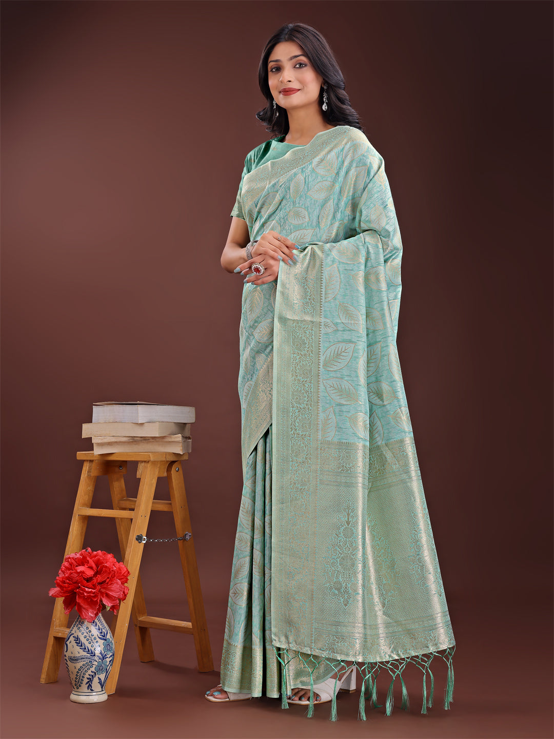 Shree Shyam Fashion Sea Green Linen Cotton Saree with Golden Zari Leaf Design & Elegant Pallu - Festive | Office | Daily Wear | Grocsy